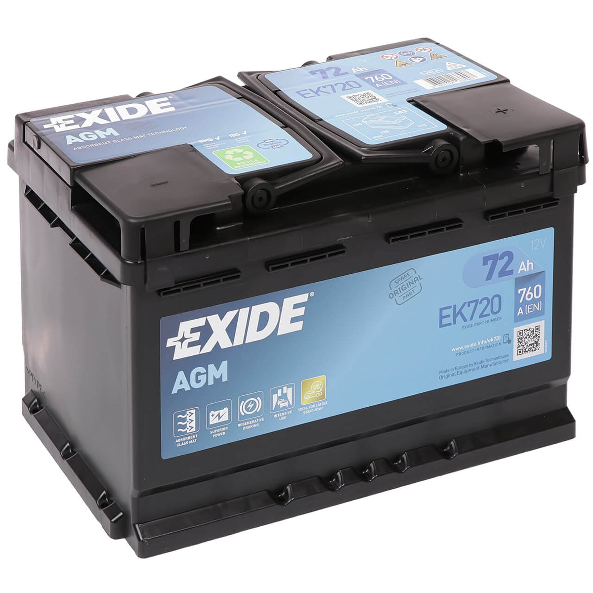 Exide Start-Stop EK720 AGM 12V 72Ah 760A/EN ersetzt Exide EK700 Autobatterie