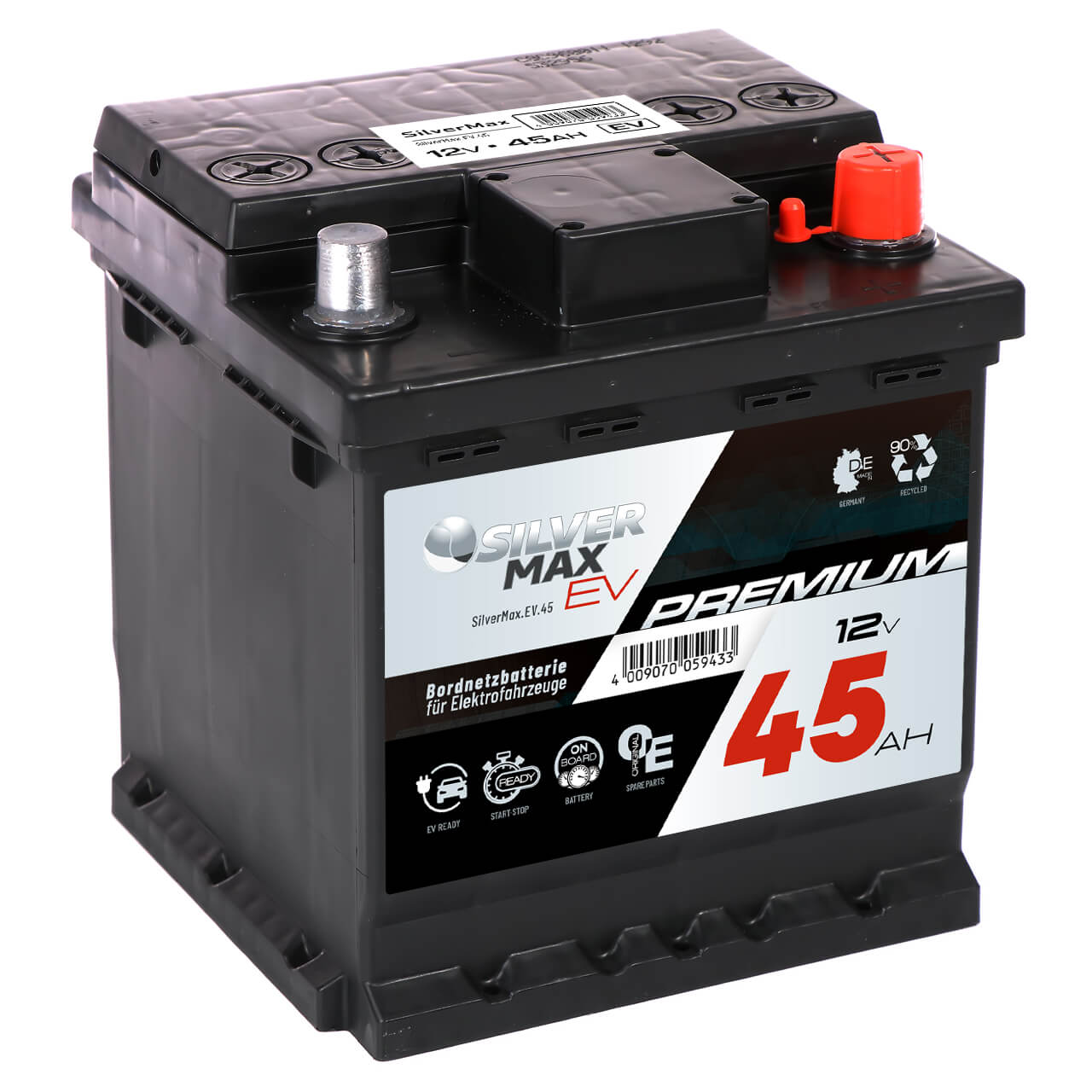 Bordnetzbatterie SilverMax EV 12V 45Ah Seite links