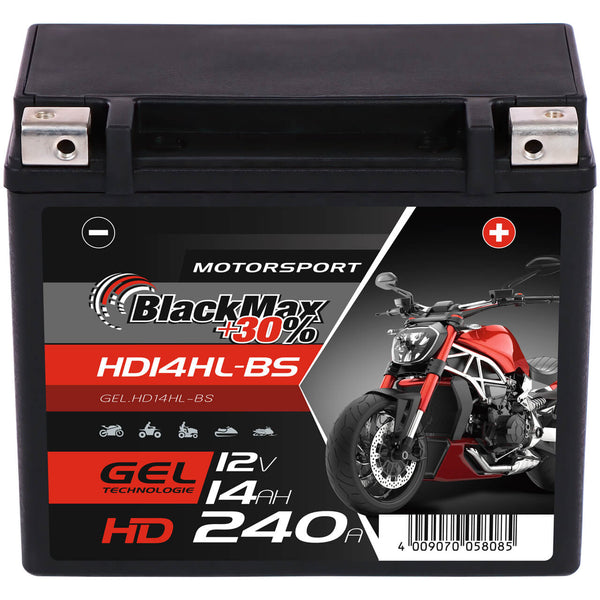 BlackMax +30% Motorsport HD YTX14HL-BS GEL 12V 14Ah 240A/EN Motorradbatterie