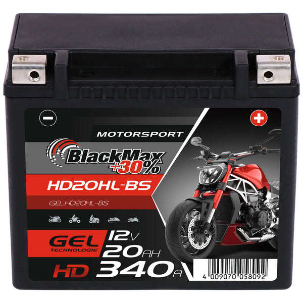 BlackMax +30% Motorsport HD YTX20HL-BS GEL 12V 20Ah 340A/EN Motorradbatterie