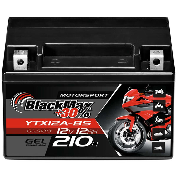 BlackMax +30% Motorsport YTX12A-BS 51013 GEL 12V 12Ah 210A/EN Motorradbatterie