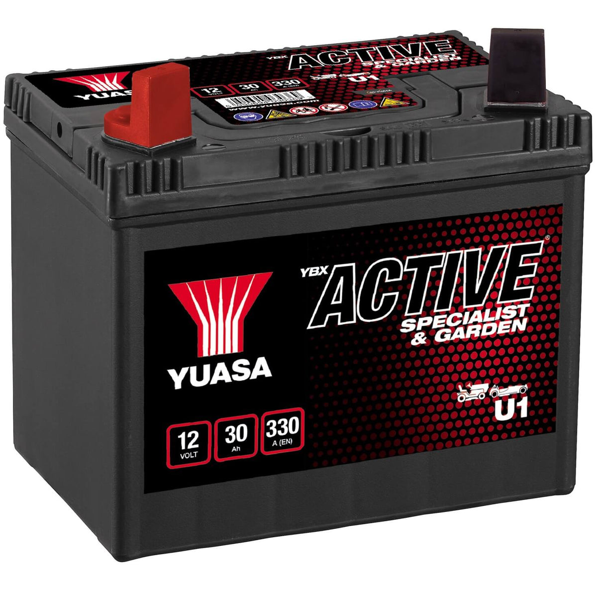 Rasentraktor Batterie YUASA Specialist and Garden U1 12V 30Ah Seite links