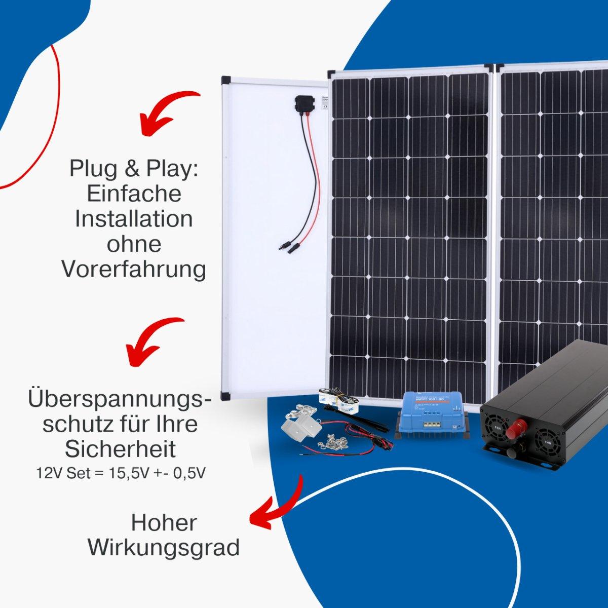 BIG Power Grid Solaranlage 12V 1500W Inverter + 2x 170W Panel Monokristallin + Victron Smart Solar MPPT 100/30