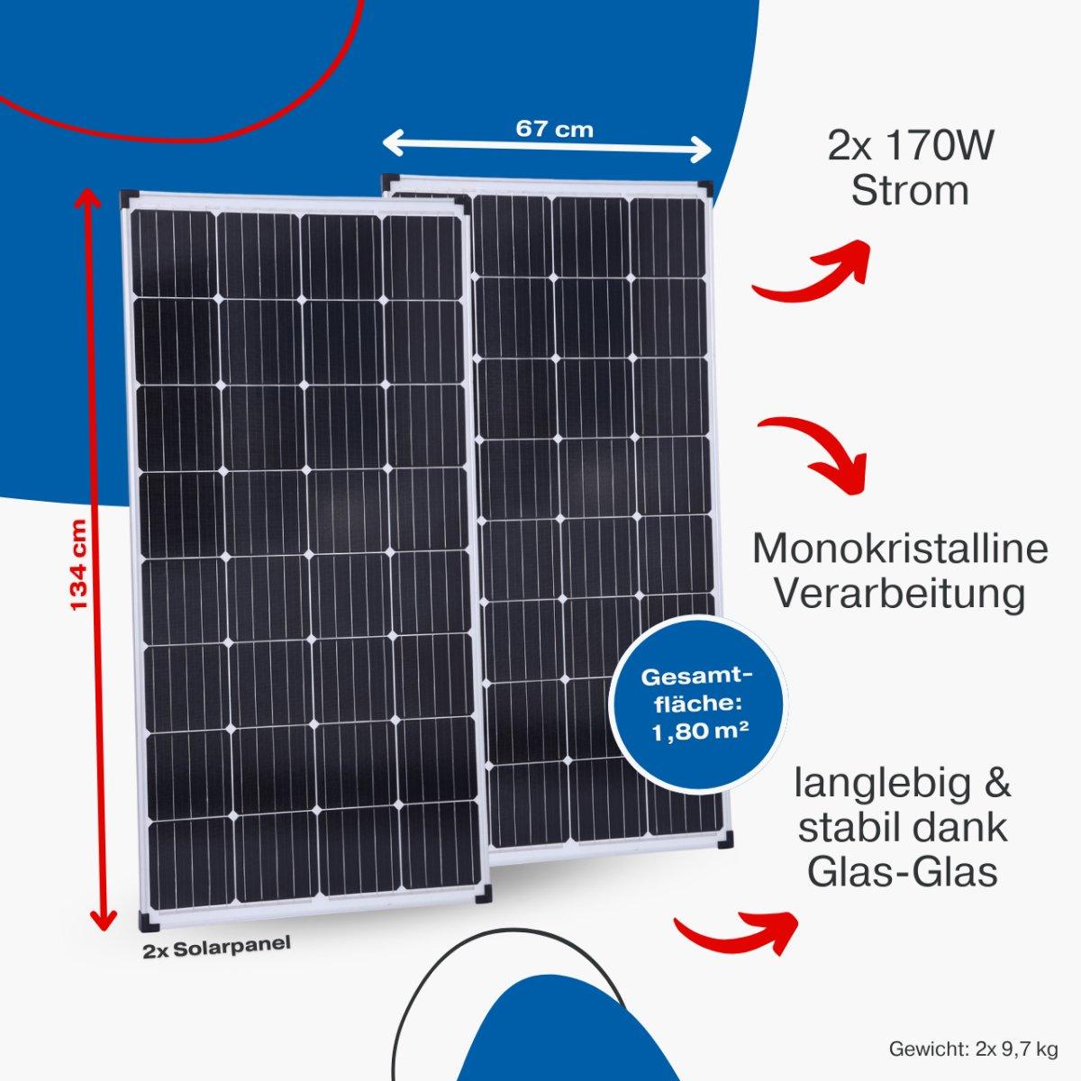 BIG Power Grid Solaranlage 12V 1500W Inverter + 2x 170W Panel Monokristallin + Victron Smart Solar MPPT 100/30