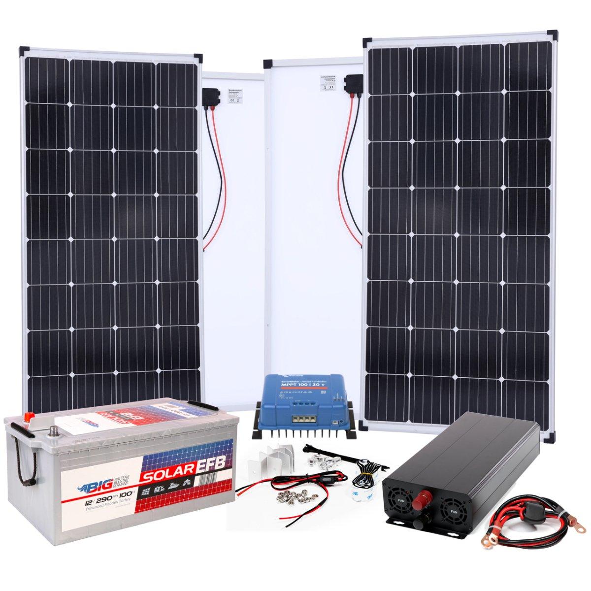 BIG Power Grid Solaranlage 12V 1500W Inverter + 2x 170W Panel Monokristallin + Victron Smart Solar MPPT 100/30