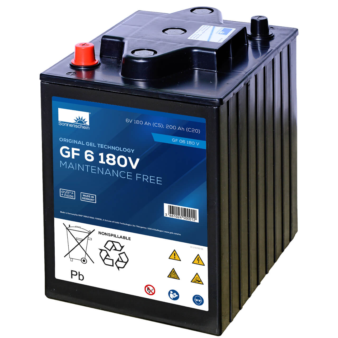 Traktionsbatterie für Reinigungsmaschinen Hebebuehnen Scherenlifte Exide GF 6 180 V GEL 12V 180Ah Front
