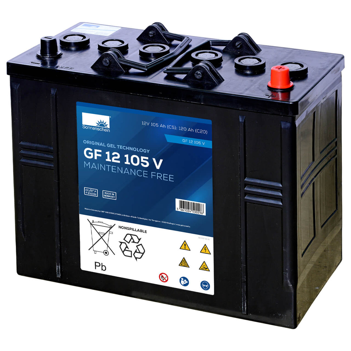 Traktionsbatterie für Reinigungsmaschinen Hebebuehnen Scherenlifte Exide GF 12 105 V GEL 12V 105Ah Front